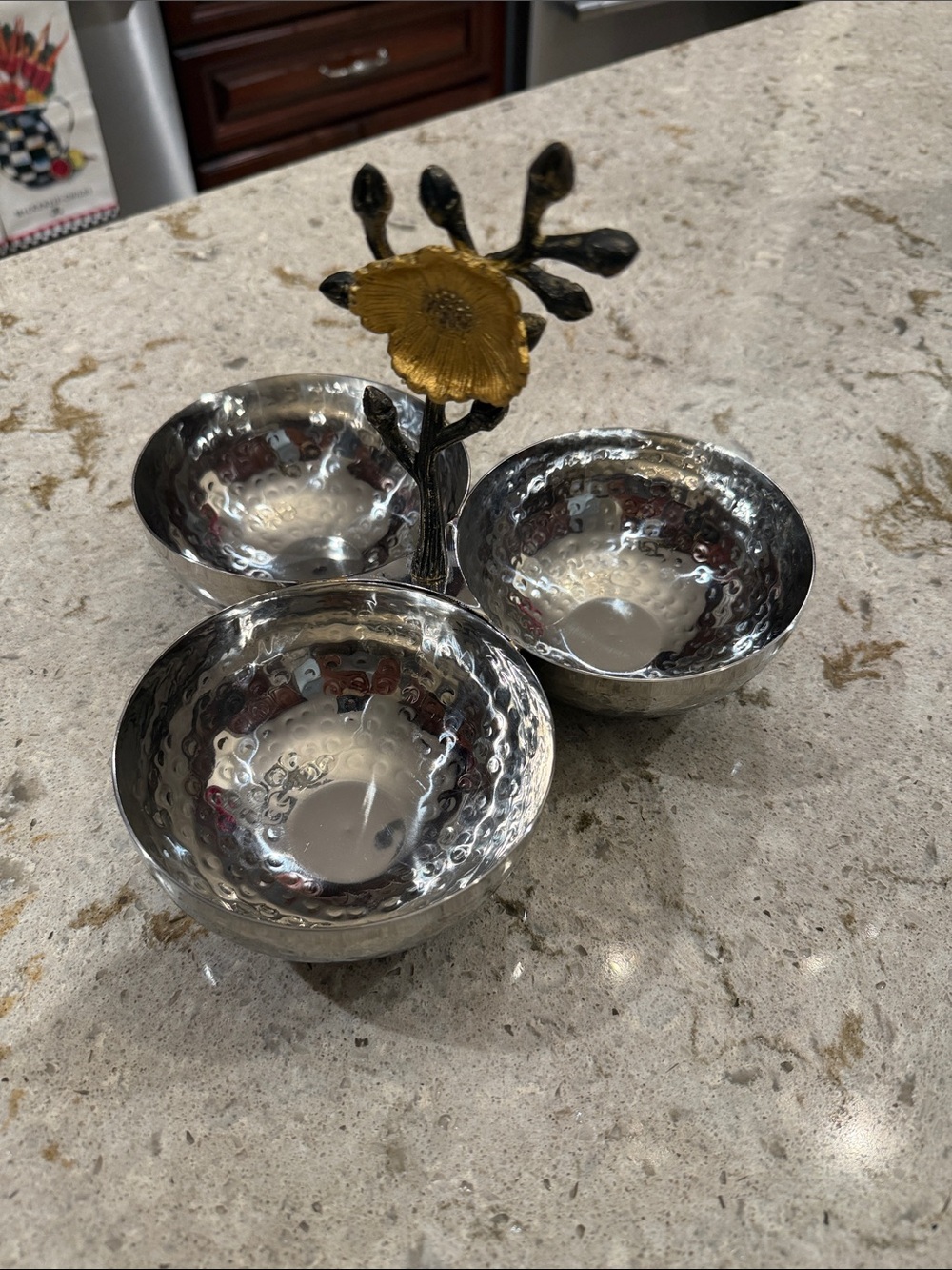 Decorative Hammered Metal Triple Bowl with Gold Flower Accent